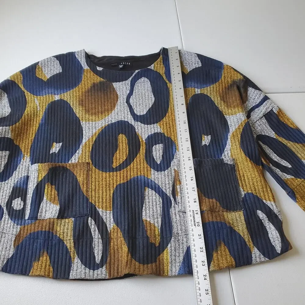 Kozan Blouse Womens M Multicolor Crew Neck 3/4 Sleeve Ribbed Geo Knit Abstract - Picture 3 of 8